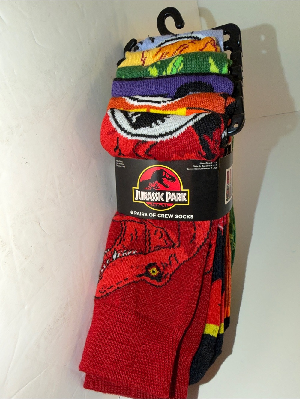 Jurassic Park Men's 6-Pack Crew Socks - Red & Multicolor
